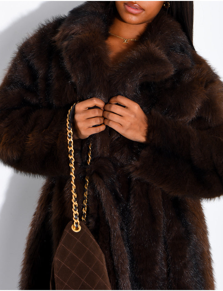 Mia | Very long faux fur coat with belt