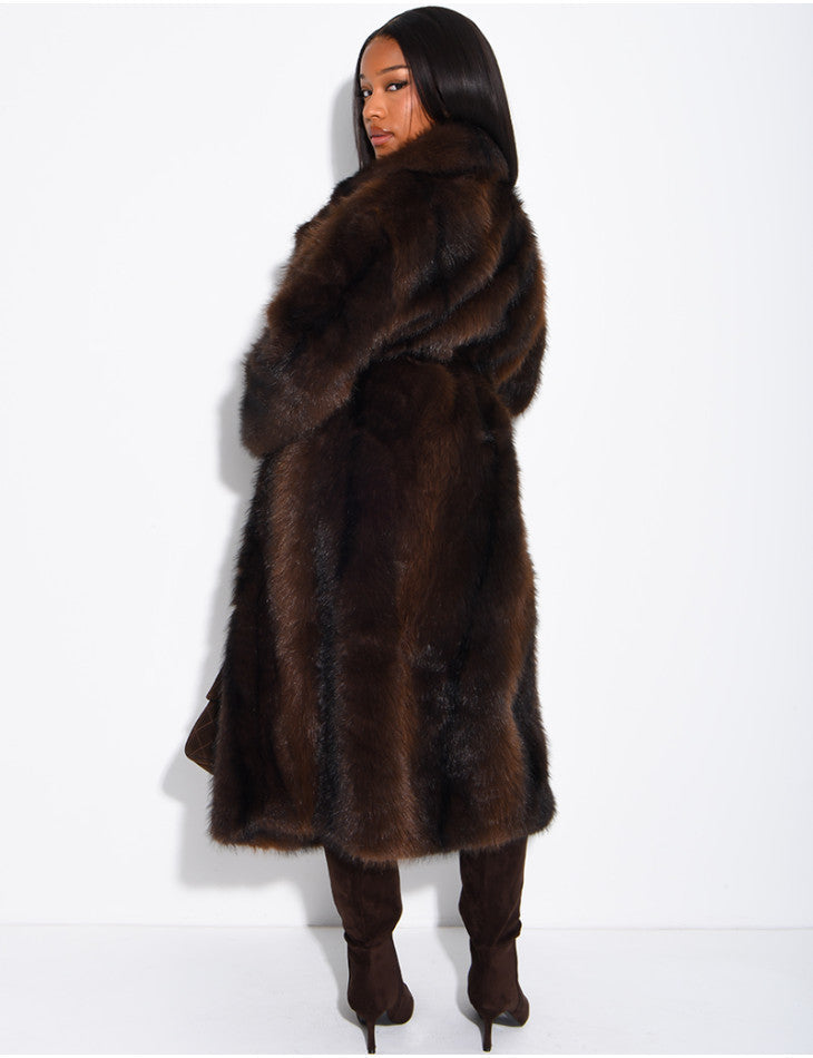 Mia | Very long faux fur coat with belt