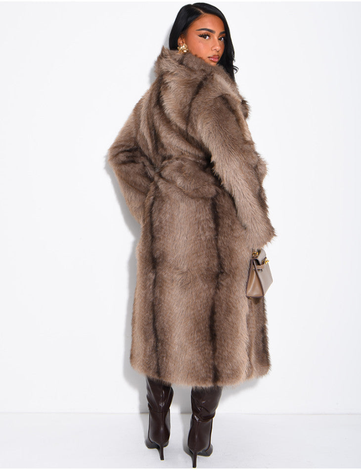 Mia | Very long faux fur coat with belt